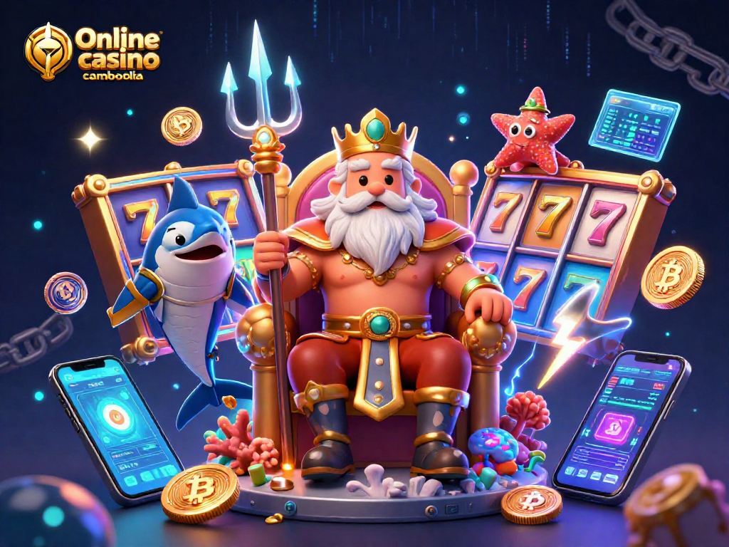 Experience the excitement of Online casino cambodia with this vibrant 3D illustration of Neptune and gaming elements.