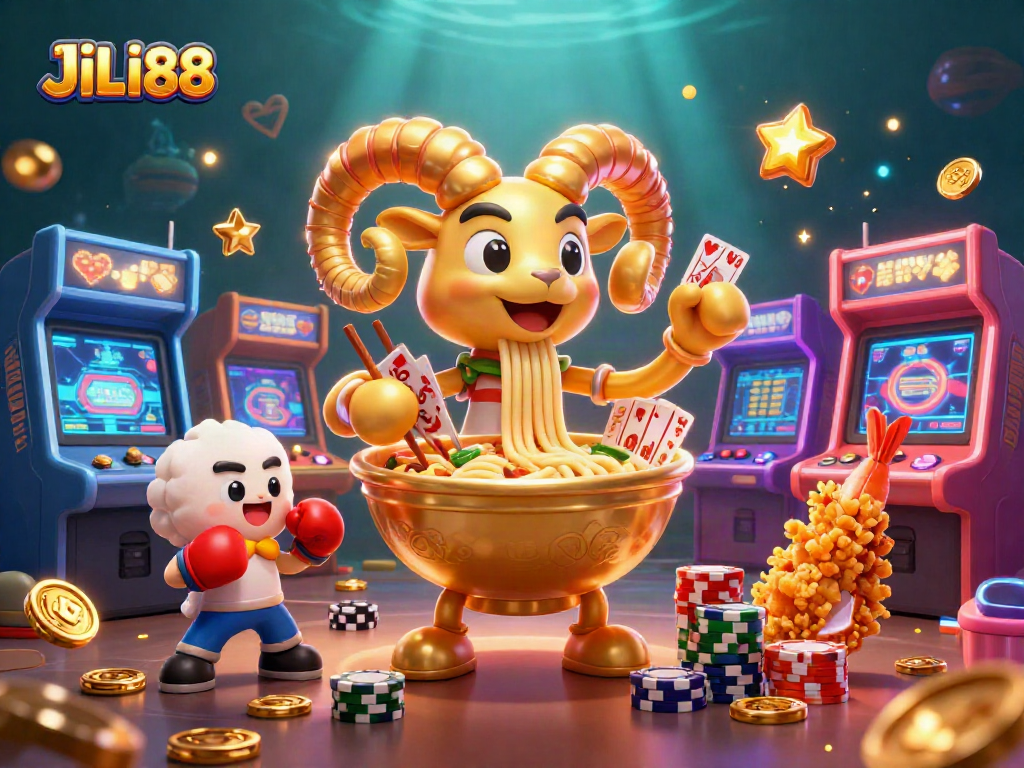 Engage with JILI88’s vibrant gaming scene featuring a golden ramen bowl dealer and sushi roll action.