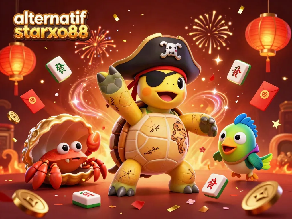 Engage in vibrant casino fun with alternatif starxo88 featuring 3D characters celebrating around gold and festive elements.