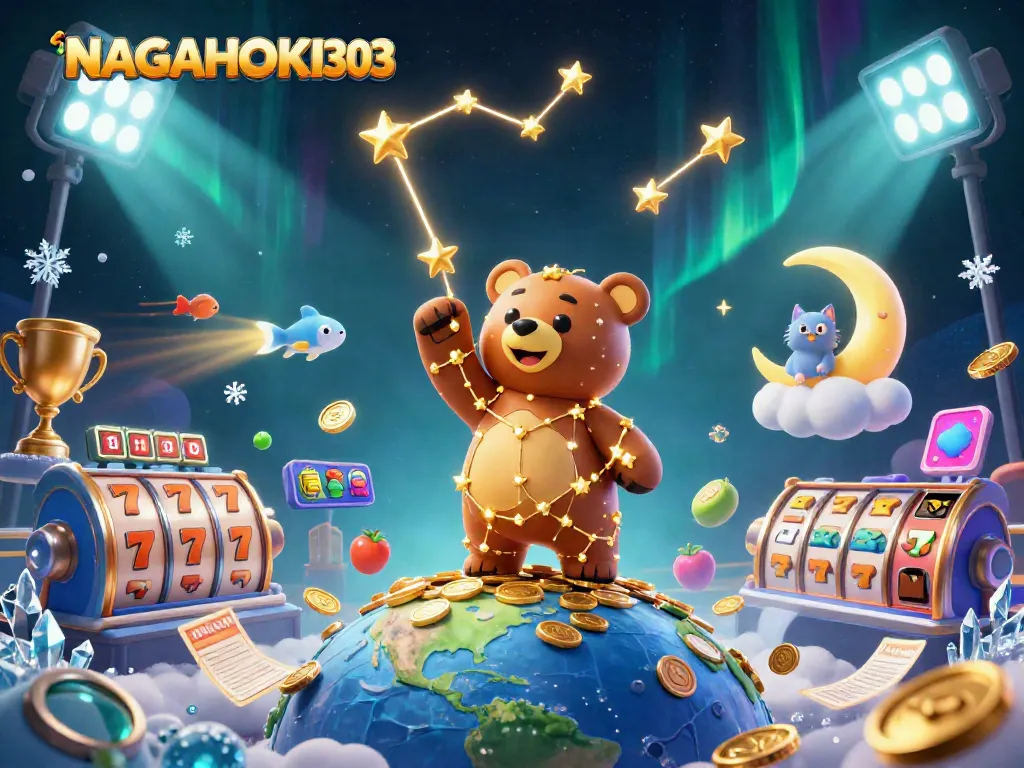 Mainkan slot menguntungkan di NAGAHOKI303, dikelilingi oleh bintang emas dan simbol keberuntungan.