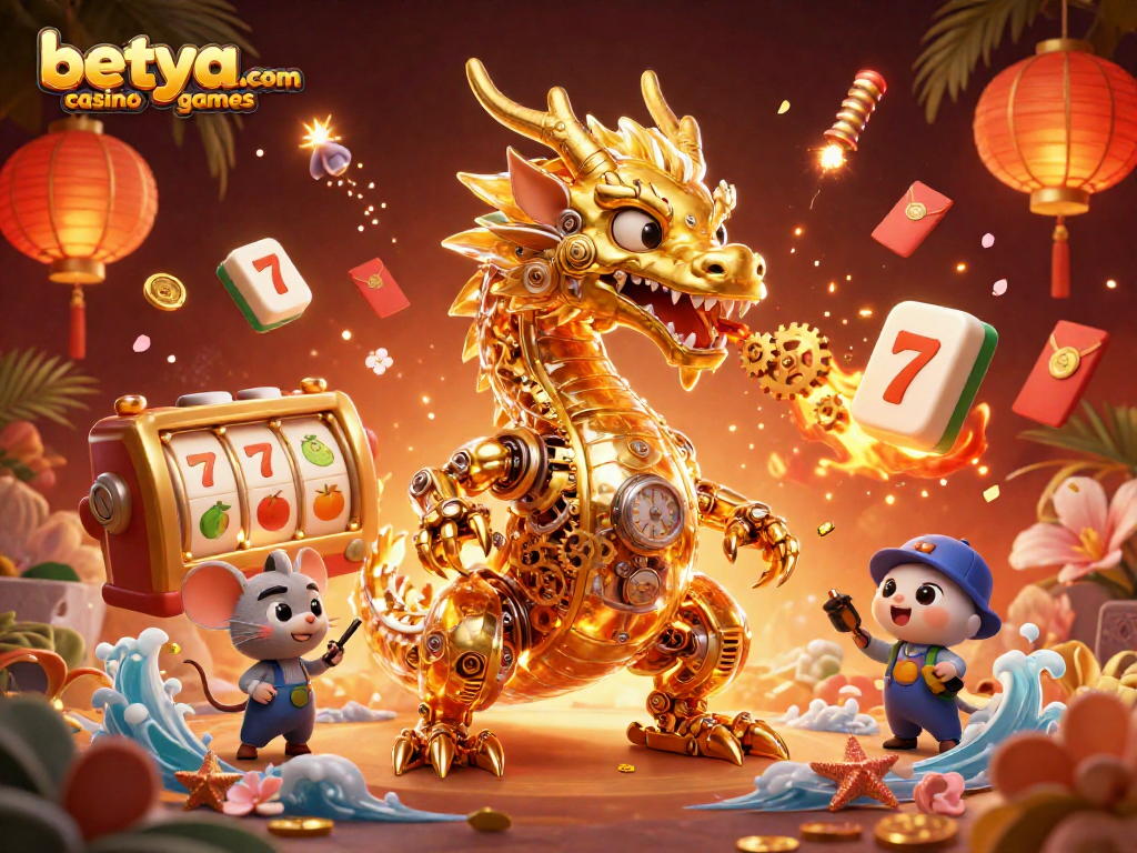 Experience thrilling betya.com casino games with this vibrant 3D illustration of a golden dragon and captivating game elements.