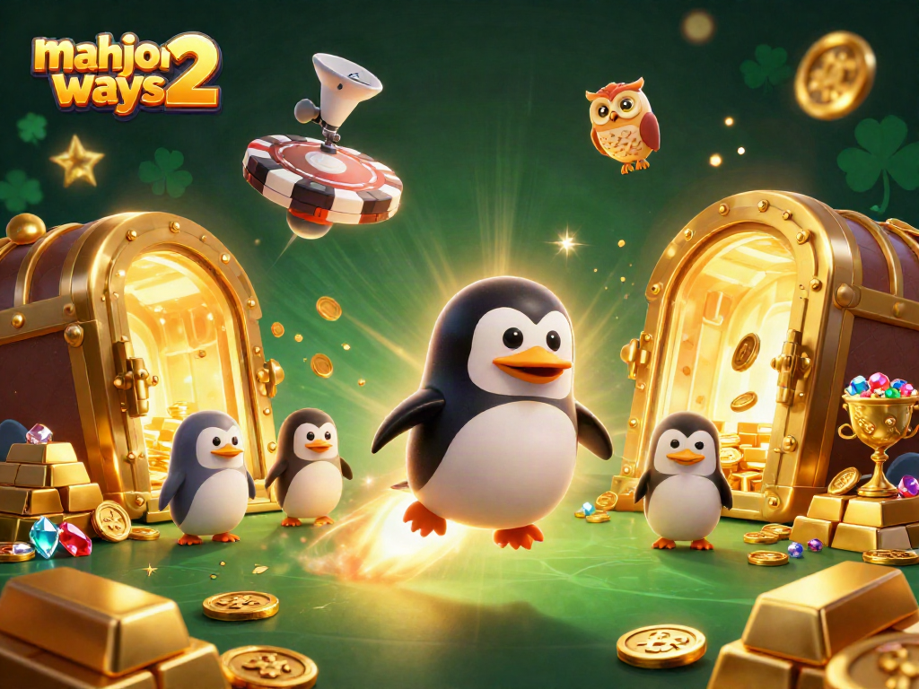 Spin jackpots in Mahjong Ways 2 with golden coins and treasures in an engaging casino scene.
