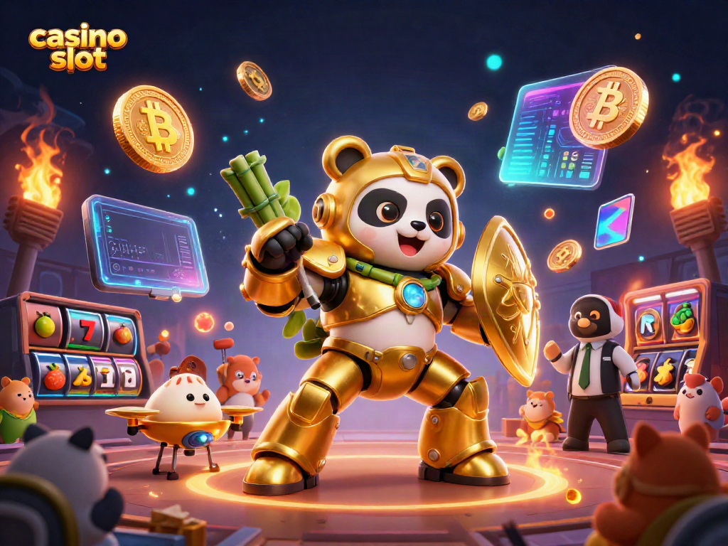 Engaging 3D illustration featuring casino slot elements and a golden panda in a dynamic online casino scene.