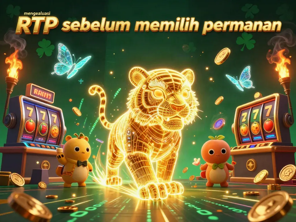 Gambaran ilustrasi 3D menampilkan karakter tiger emas di kasino digital sambil mengevaluasi RTP sebelum memilih permainan.