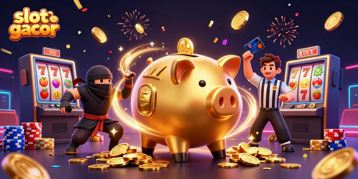 Engage in "slot gacor" excitement with a massive piggy bank sumo wrestler surrounded by gambling elements.