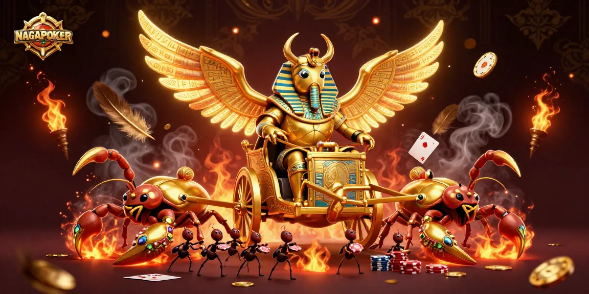 NAGAPOKER offers thrilling poker action featuring a colossal scarab beetle and scorpions in a dynamic scene.