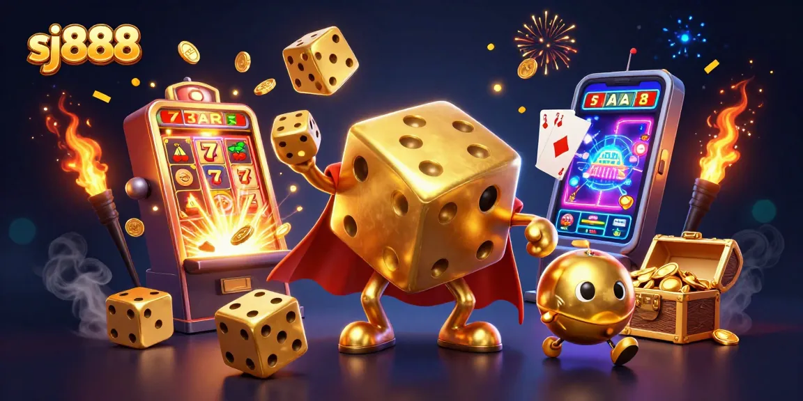 Experience the excitement of sj888 with a dynamic 3D casino illustration featuring gold dice and jackpots.