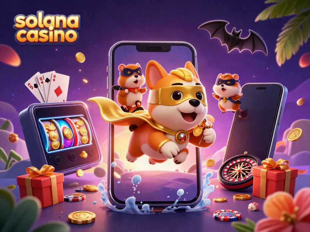Play exciting games at solana casino, featuring a superhero dog and hamster amidst vibrant casino elements.