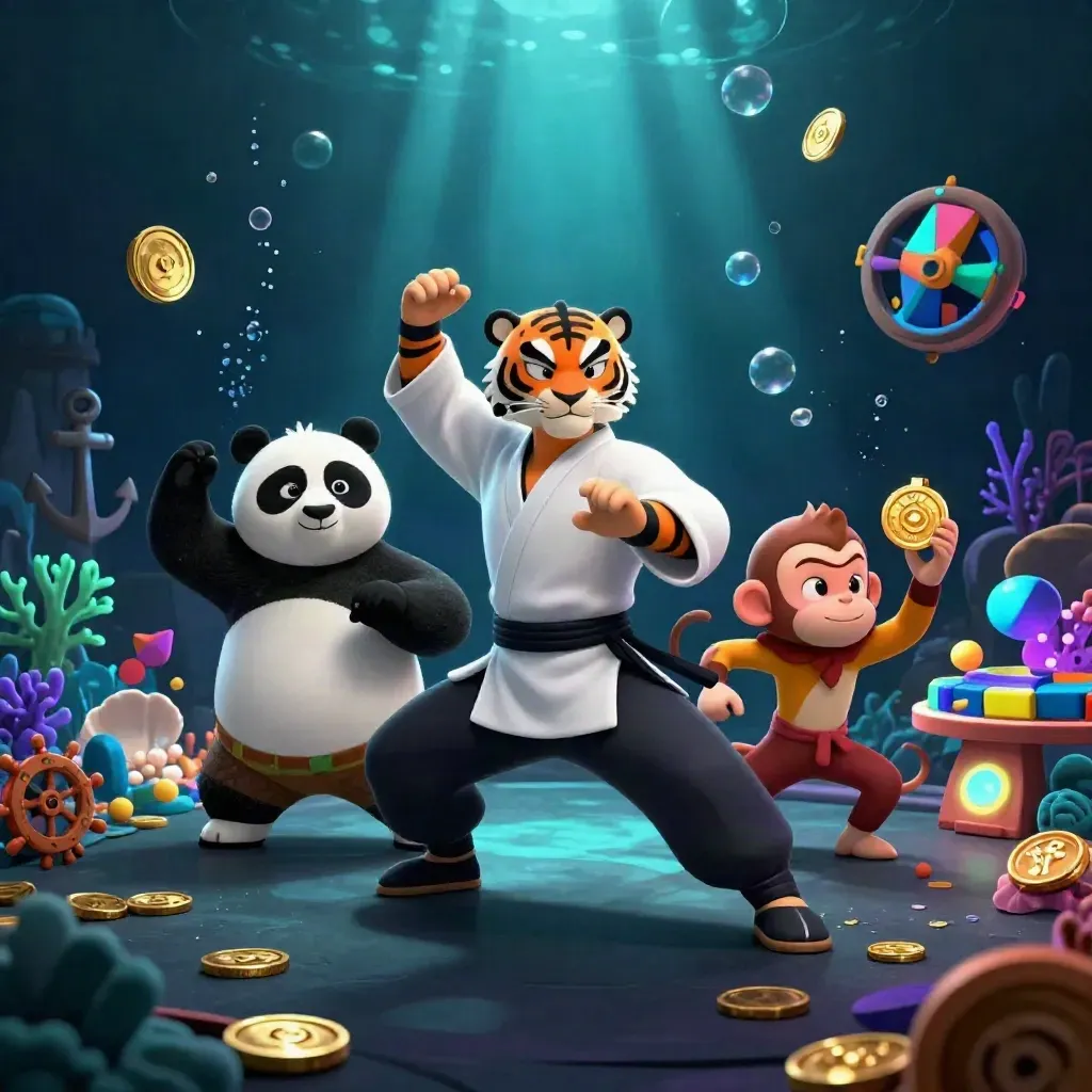 Tiger, panda and monkey in a glowing underwater casino treasure cove