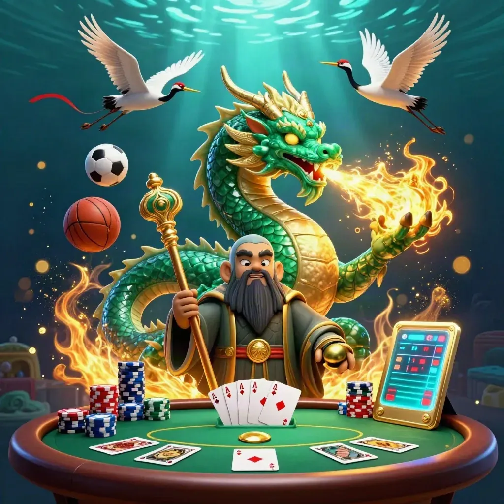 Emerald dragon, turtle sage, cranes, chips, cards, and sports balls in a glowing underwater casino scene