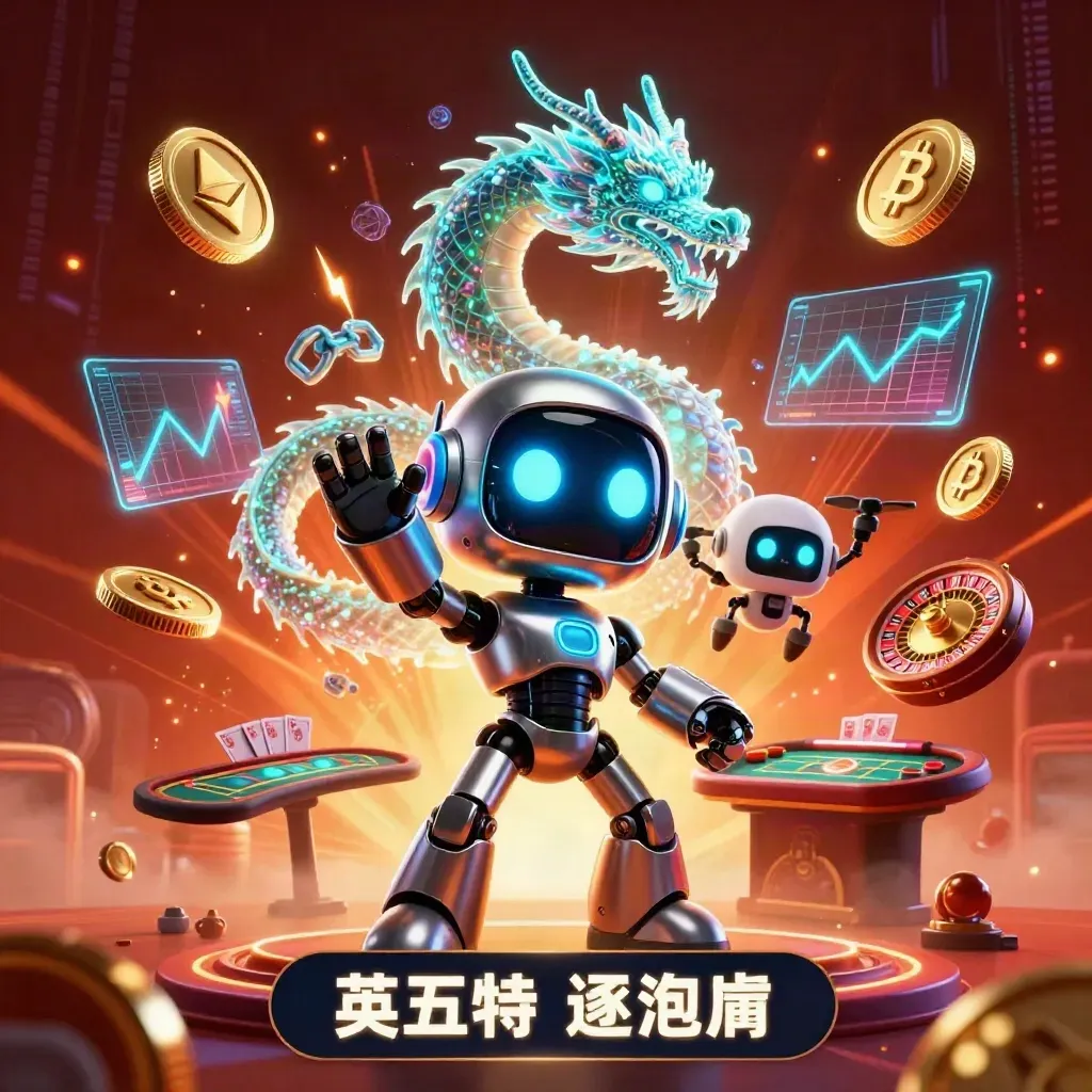 Cyberpunk robot, holographic dragon and coin drone amid casino energy, coins, wheels and neon lightning