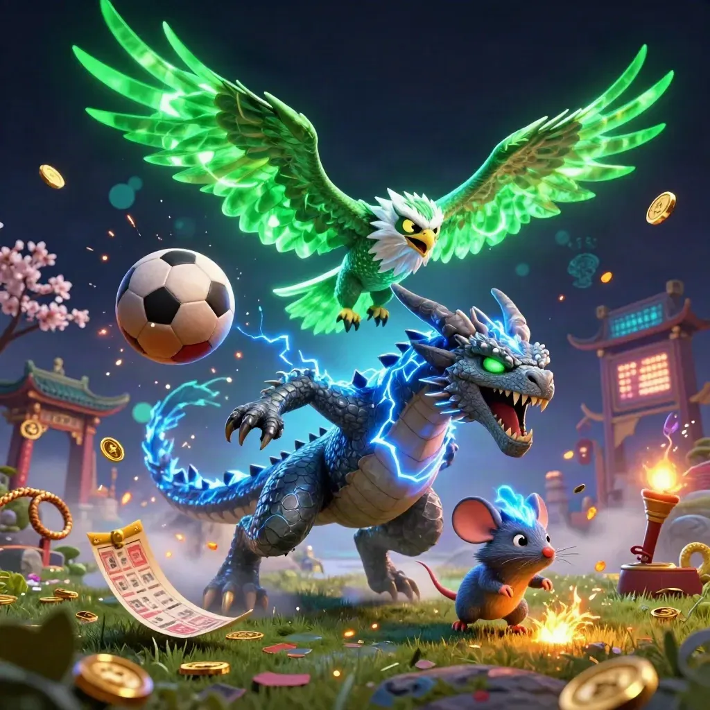 Thunder dragon, wind hawk, and crackling mouse amid balls, coins, and neon ruins.