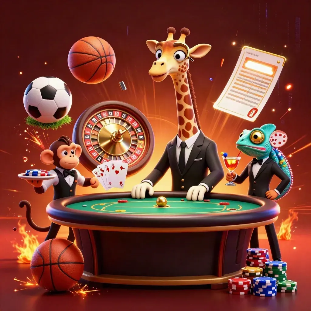 Casino giraffe, monkey and chameleon amid flying basketball, chips and golden sparks.