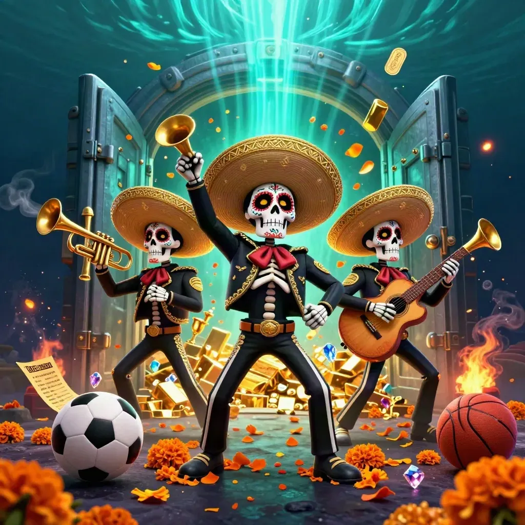 Skeleton mariachi trio amid a vault blast, sports balls, gold and underwater neon glow