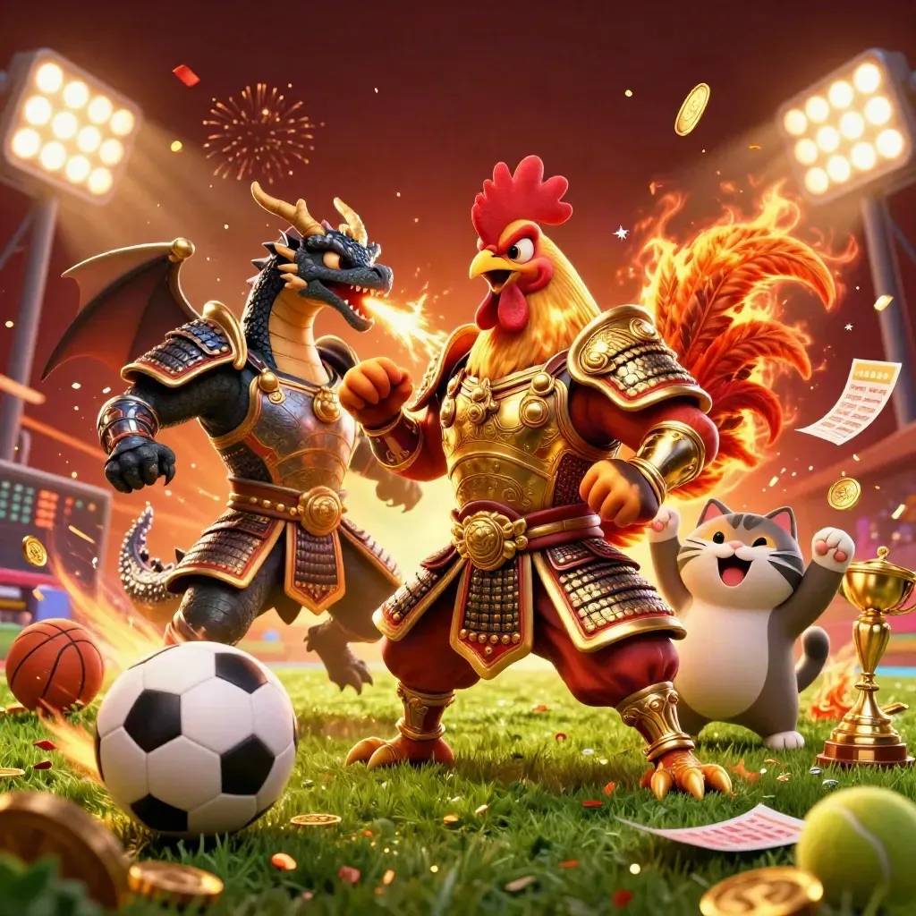 Rooster warrior, dragon hatchling, and fortune-cat with sports balls, trophy, coins, and casino lighting