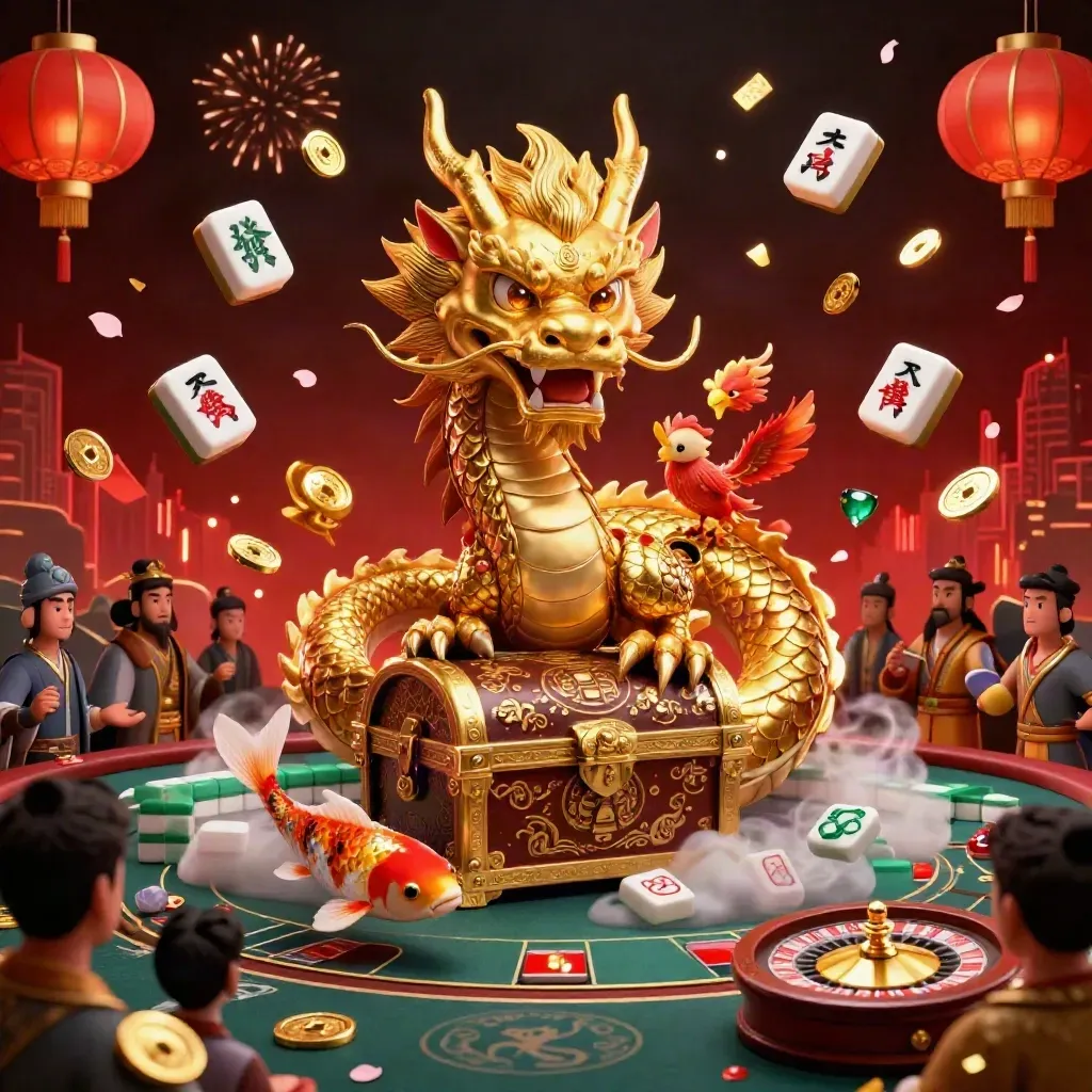 Golden dragon casino scene with phoenix, koi, mahjong tiles, lanterns and neon luxury