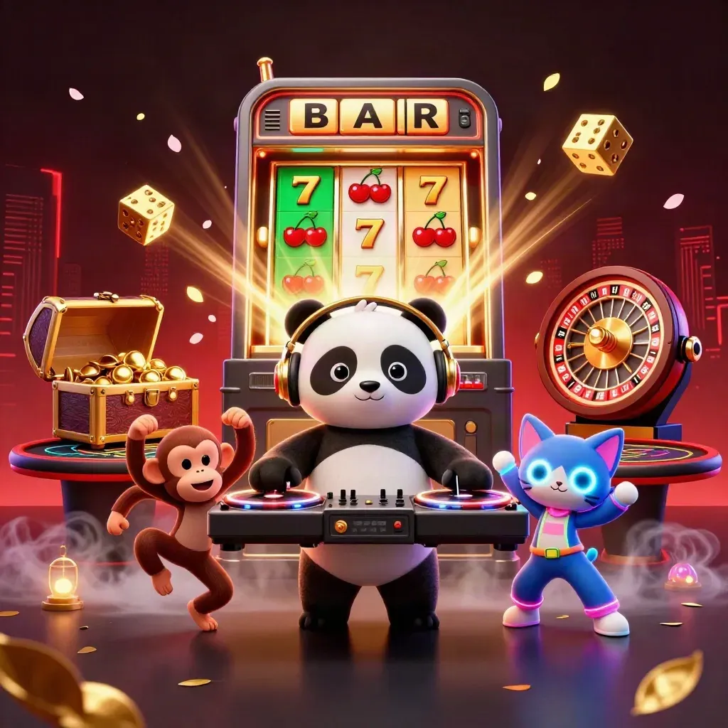 DJ panda, dancing monkey and glow-stick kitten in a neon casino scene with slot, dice and gold