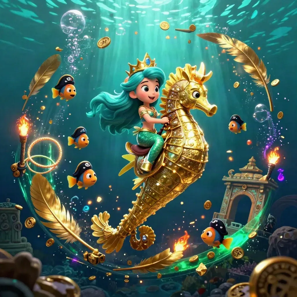 Mermaid princess on armored seahorse amid pirate fish, coins, temple gate, and glowing underwater magic