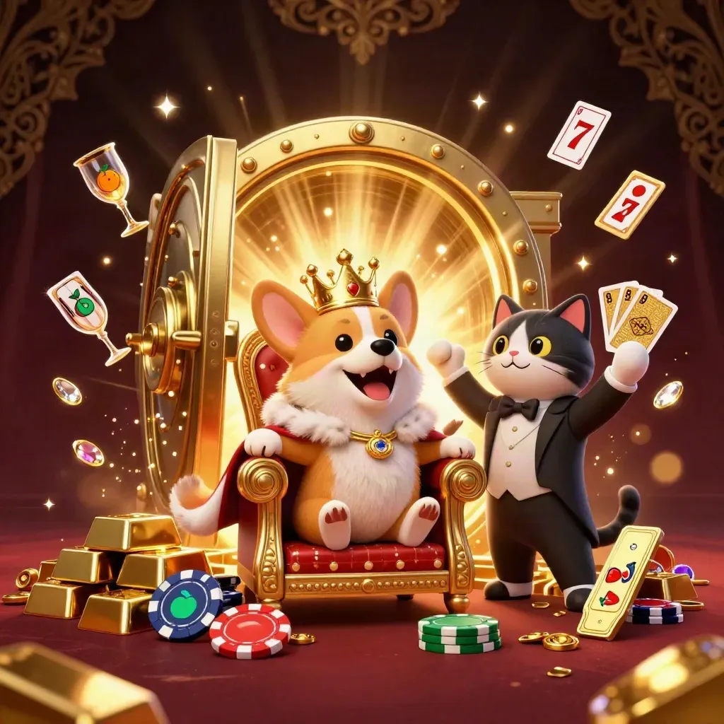 Crowned corgi and cat butler burst from a gold vault amid gems and casino lights.