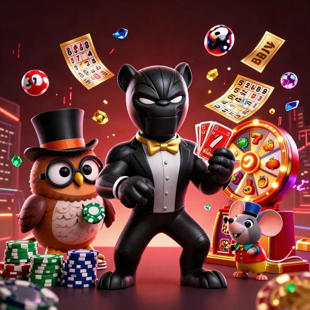Panther dealer, owl chip-holder, and mouse amid neon casino icons and gold bursts.