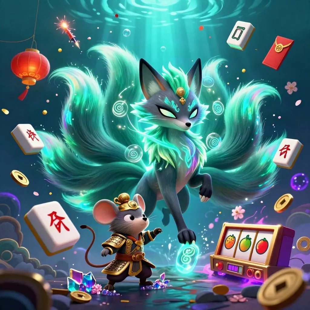 Nine-tailed fox spirit and golden mouse amid gem bursts in an underwater neon casino scene
