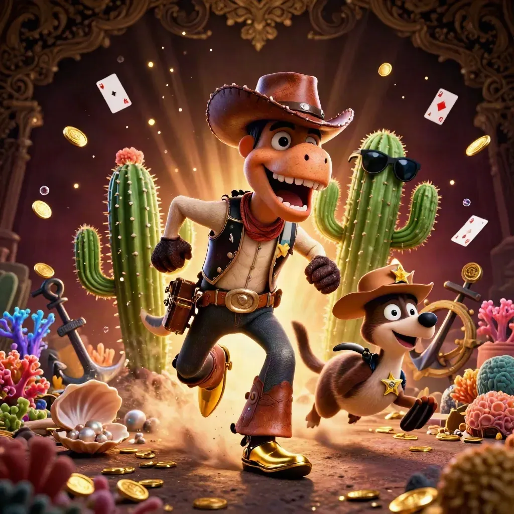 Cowboy T-Rex trio bursts through a treasure cove under emerald casino glow.