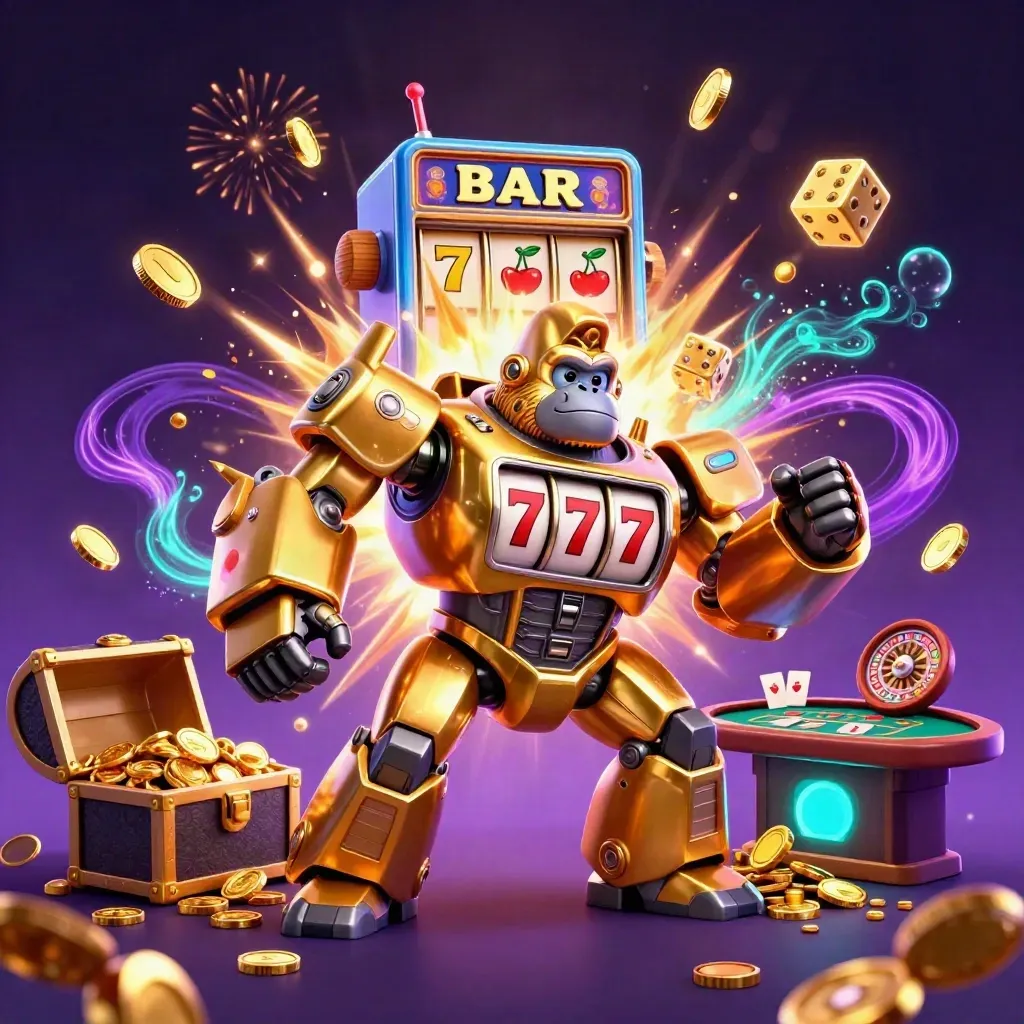 Golden gorilla mech and tiny monkey pilot amid jackpot bursts, coins, and casino lights.