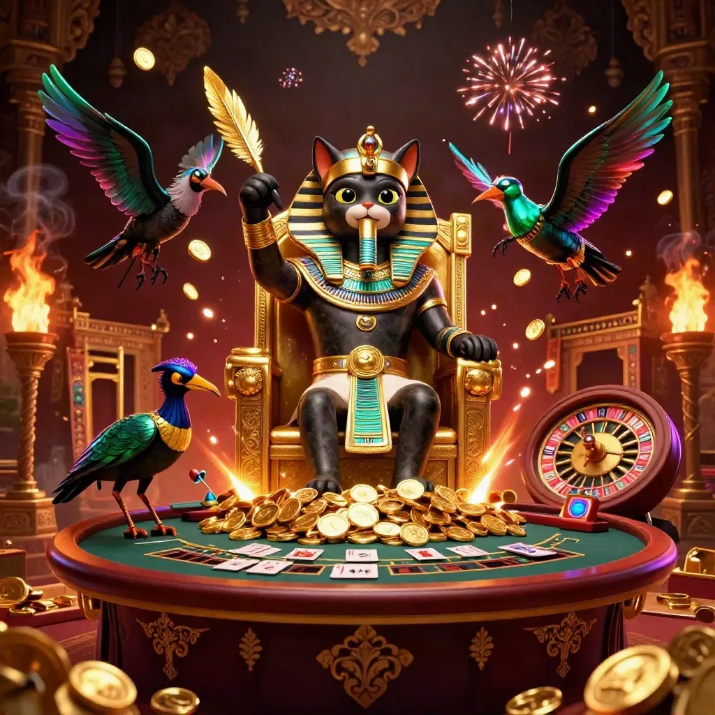 Pharaoh cat, ibis scribe, and gem-winged scarabs amid casino treasure, roulette, cards, and firelight.