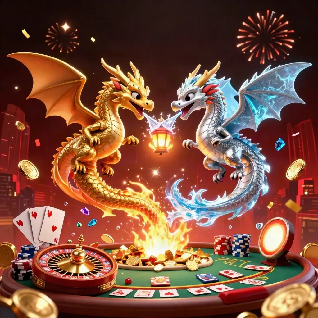 Twin gold and silver dragons burst amid coins, cards, chips, fireworks and neon casino glow