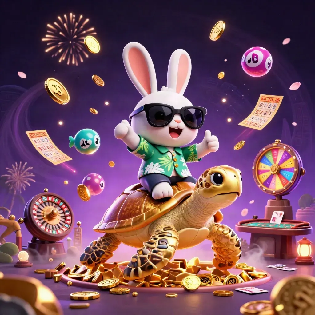 Lucky rabbit rides a gem-turtle amid casino bursts, gold coins, fireworks, and neon effects.