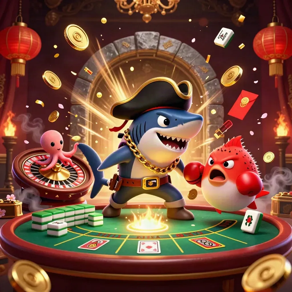 Pirate shark, pufferfish and octopus amid bursting gold coins, lanterns and casino lights
