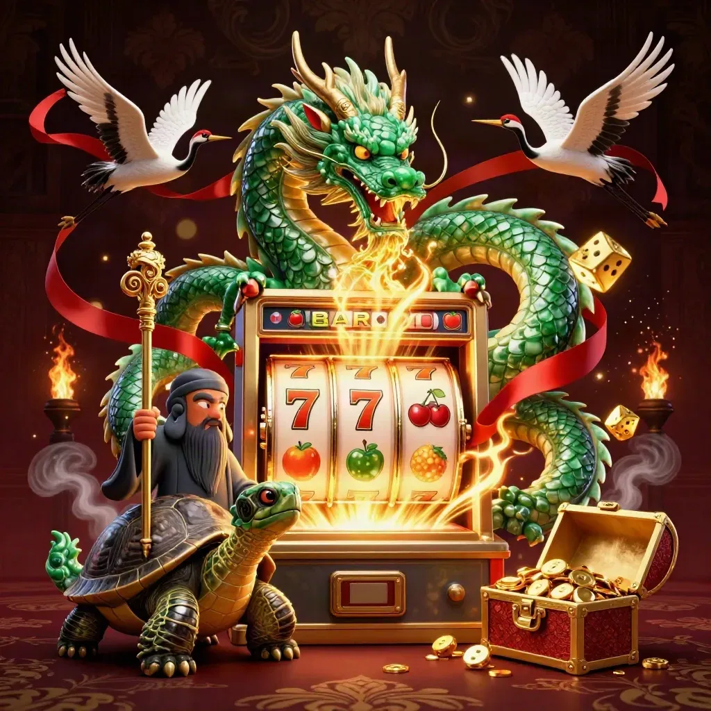 Emerald dragon, turtle sage, and cranes amid exploding slots, gold fire, dice, and treasure on dark damask