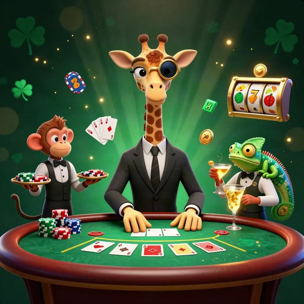 Giraffe, monkey valet, and chameleon bartender in a neon stone casino poker scene