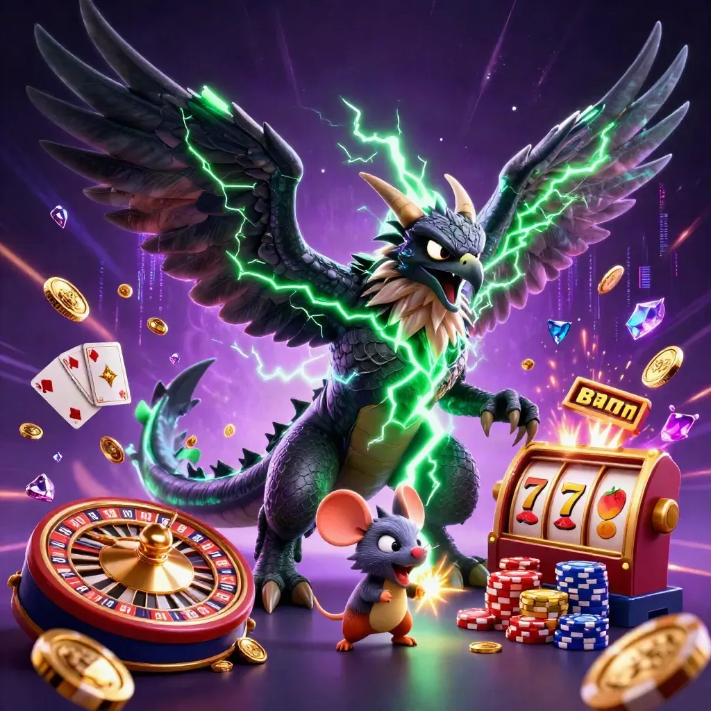Thunder dragon, hawk, and mouse amid casino coins, reels, chips, and glowing energy.