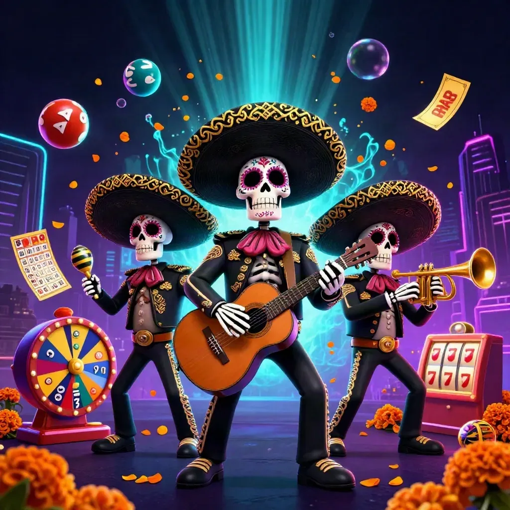 3D skeleton mariachi trio with casino bursts, neon grid, gold and emerald glow