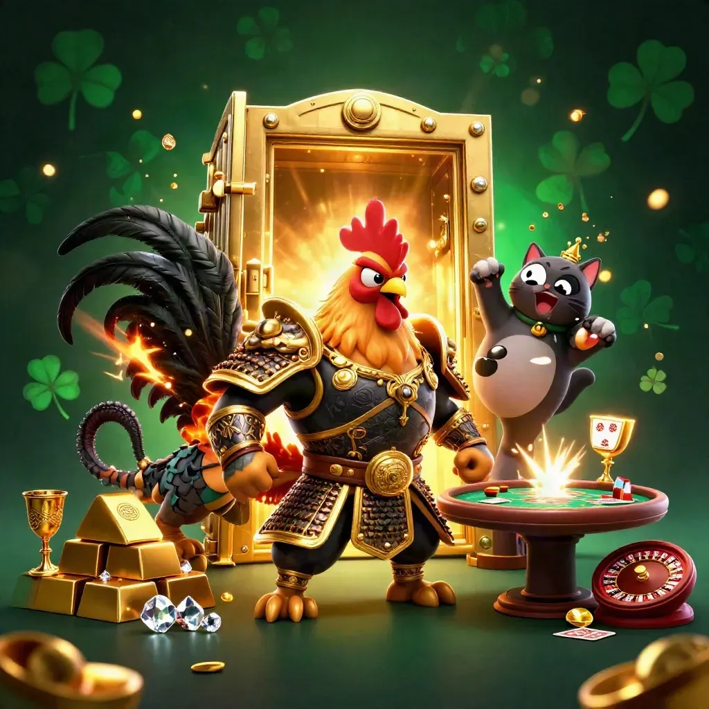 Rooster warrior, dragon hatchling, and lucky cat amid gold, gems, and a spinning roulette wheel.
