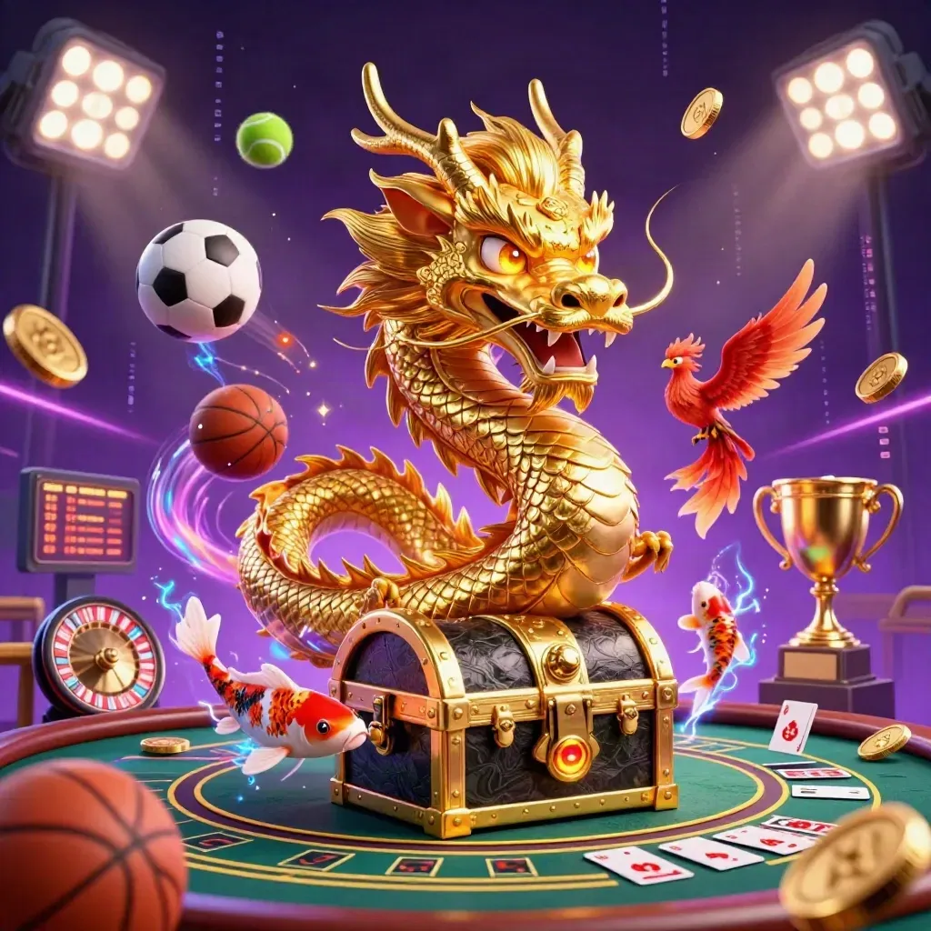 Golden dragon guarding a chest with phoenix, koi, coins, and neon casino props in a dark luxe glow