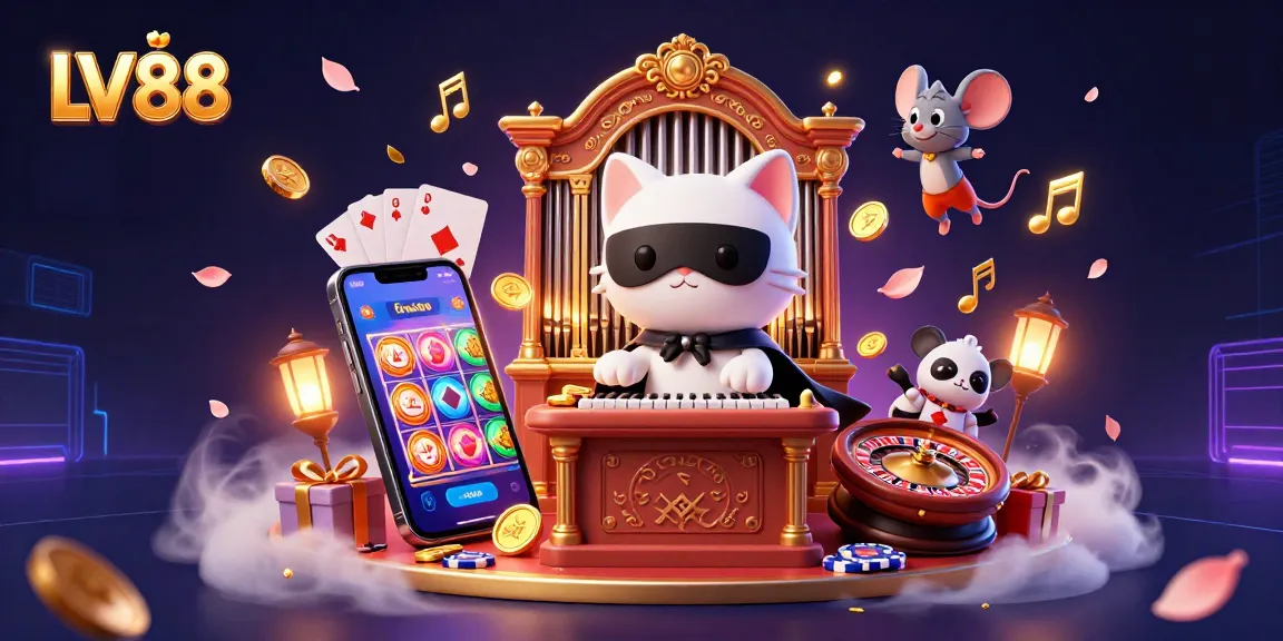 Engage with LV88's vibrant casino scene featuring a mysterious cat and lively game elements.