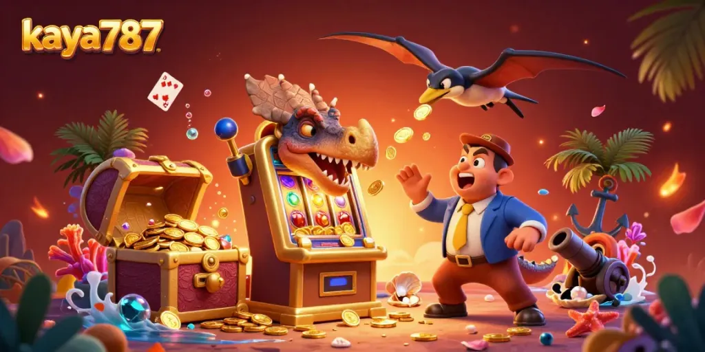 Kaya787 triggers massive wins with a colorful jackpot scene featuring dynamic cartoon dinosaurs and casino elements.