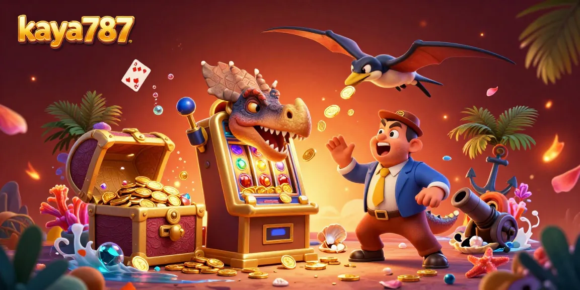 Kaya787 triggers massive wins with a colorful jackpot scene featuring dynamic cartoon dinosaurs and casino elements.