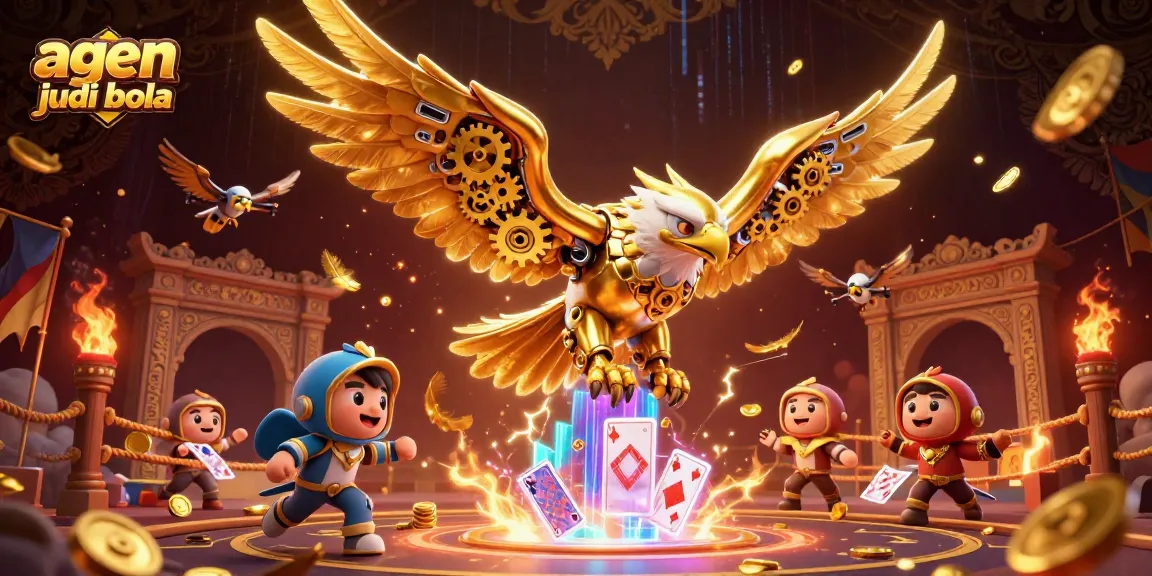 Experience thrilling sports betting with agen judi bola featuring a cybernetic golden eagle surrounded by vibrant gambling elements.