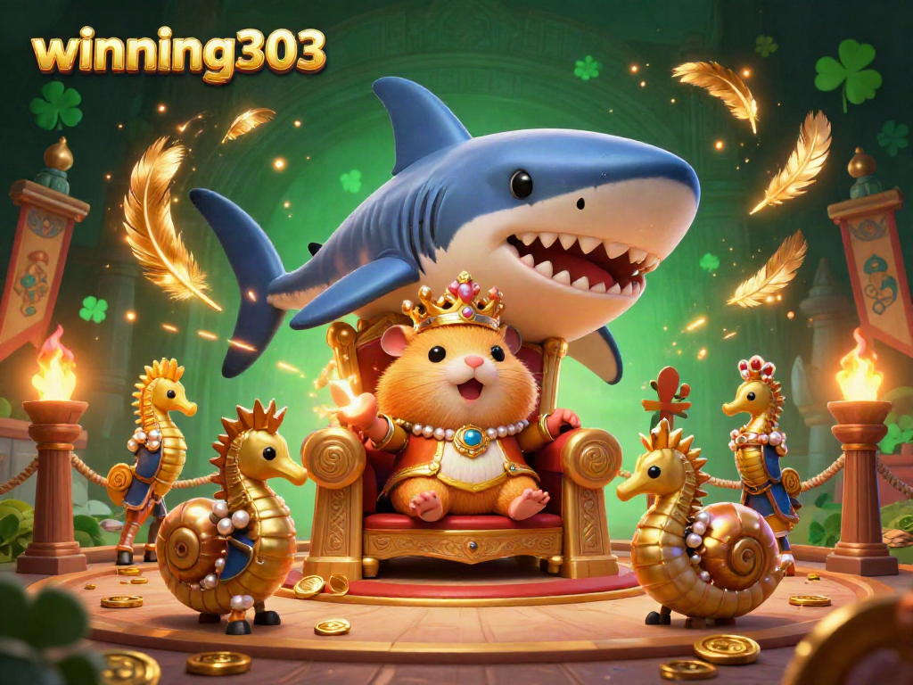 Engage with winning303's unique casino scene featuring a golden hamster king and vibrant gambling elements.