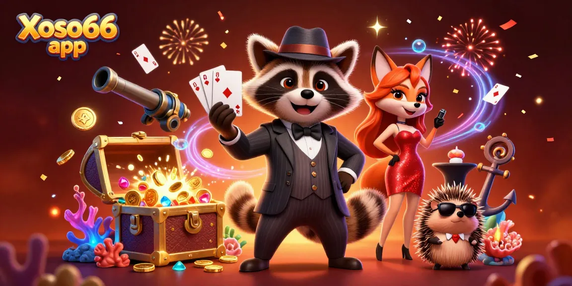 Xoso66 app showcases a dynamic casino scene with a suave raccoon and friends celebrating winning in a vibrant lottery game.