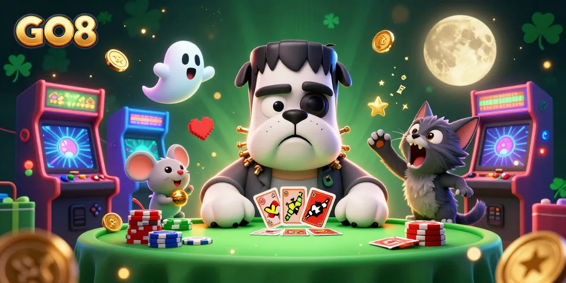 GO8 characters dealing cards at a spooky casino table with vibrant game elements and golden accents.