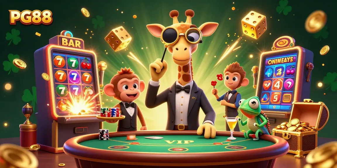 Experience dynamic gaming with PG88 in this vibrant illustration featuring high-stakes characters and casino excitement.