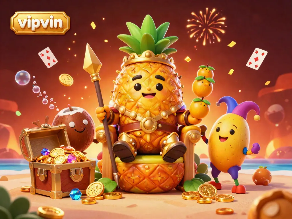 Experience the excitement of vipvin in this dynamic 3D casino scene featuring a golden pineapple king and lively characters.