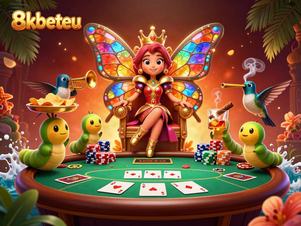 Engage in thrilling gameplay at 8kbeteu with vibrant characters and poker elements in a rich casino scene.