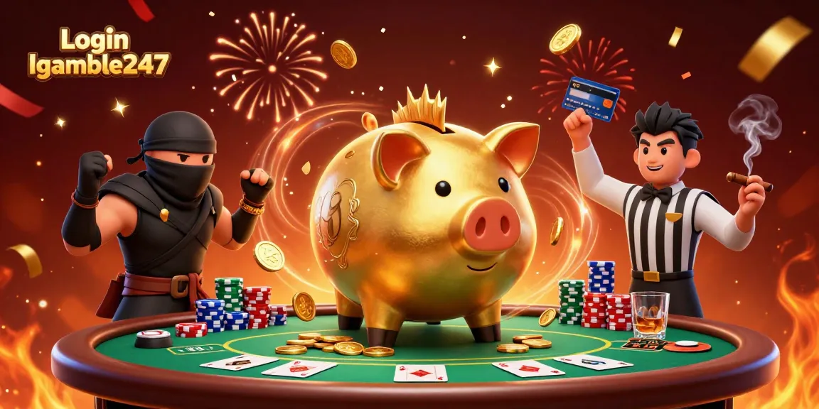 Experience thrilling bets with Login Igamble247, featuring a piggy bank sumo wrestler amidst lively poker action.
