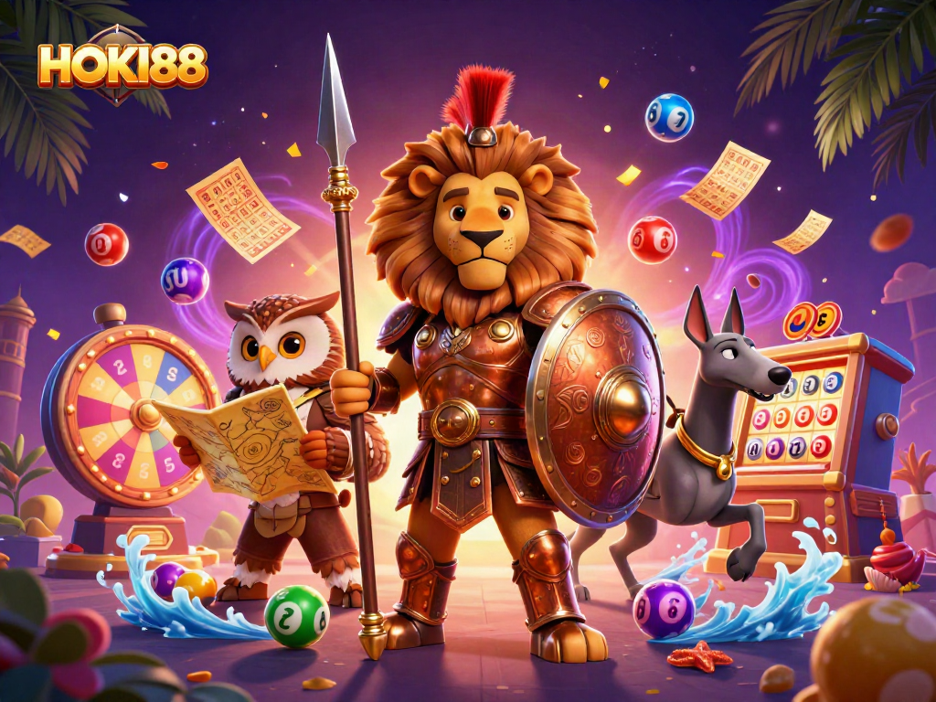 Experience the thrill of HOKI88 with vibrant lottery elements and spirited characters in a dynamic scene.