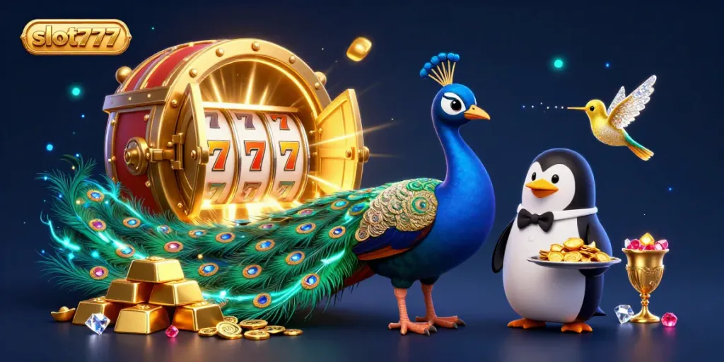 Experience the thrill of slot777 with vibrant peacock, butler penguin, and dazzling gems in a lively casino scene.